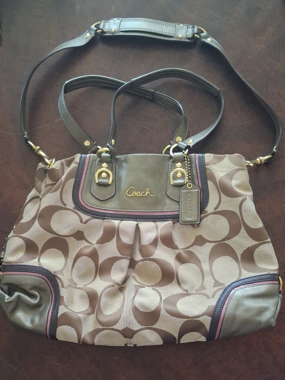 Coach Brown Signature Shoulder Tote with Leather Trim
